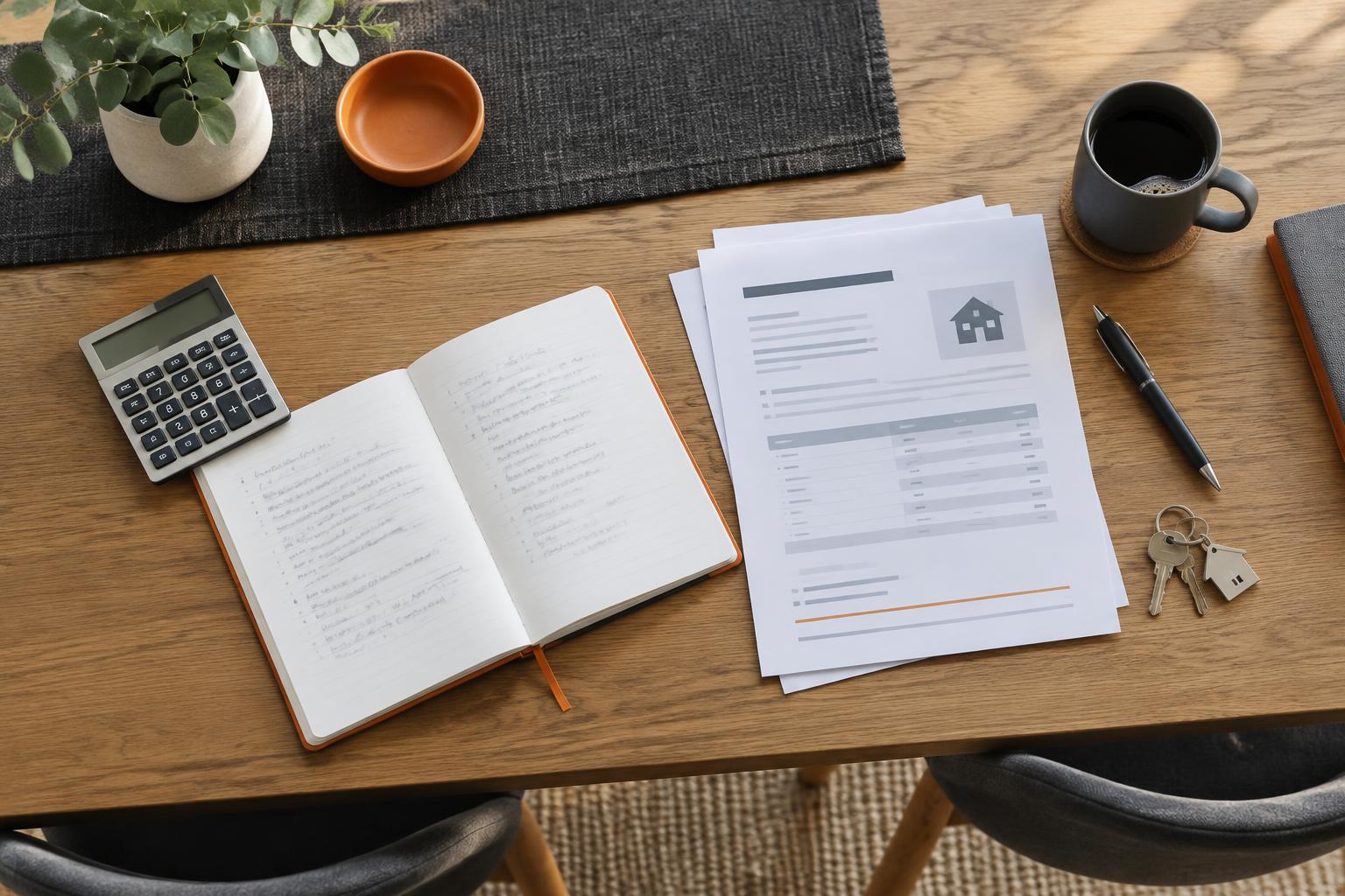 Illustrative home loan review with a calculator, paperwork and house keys