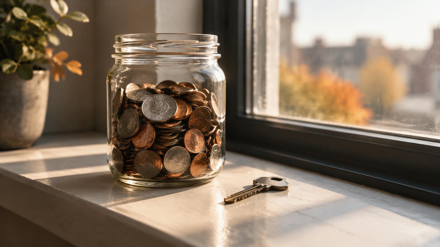 Illustrative photograph of house keys beside a stack of coins