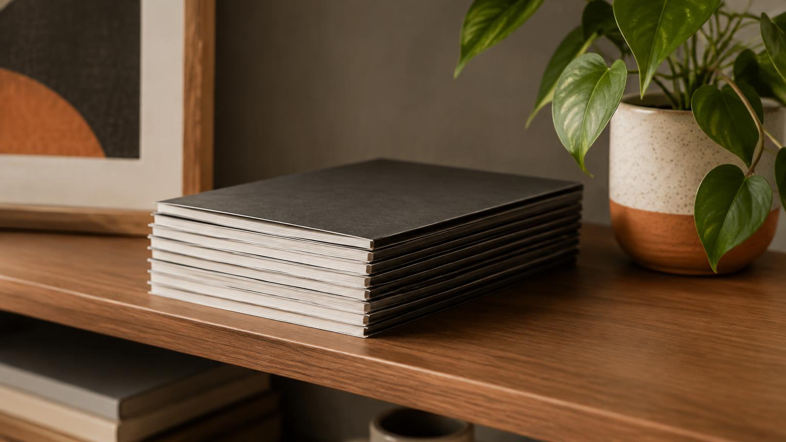Illustrative photograph of a bookshelf with blank-spined books and a plant