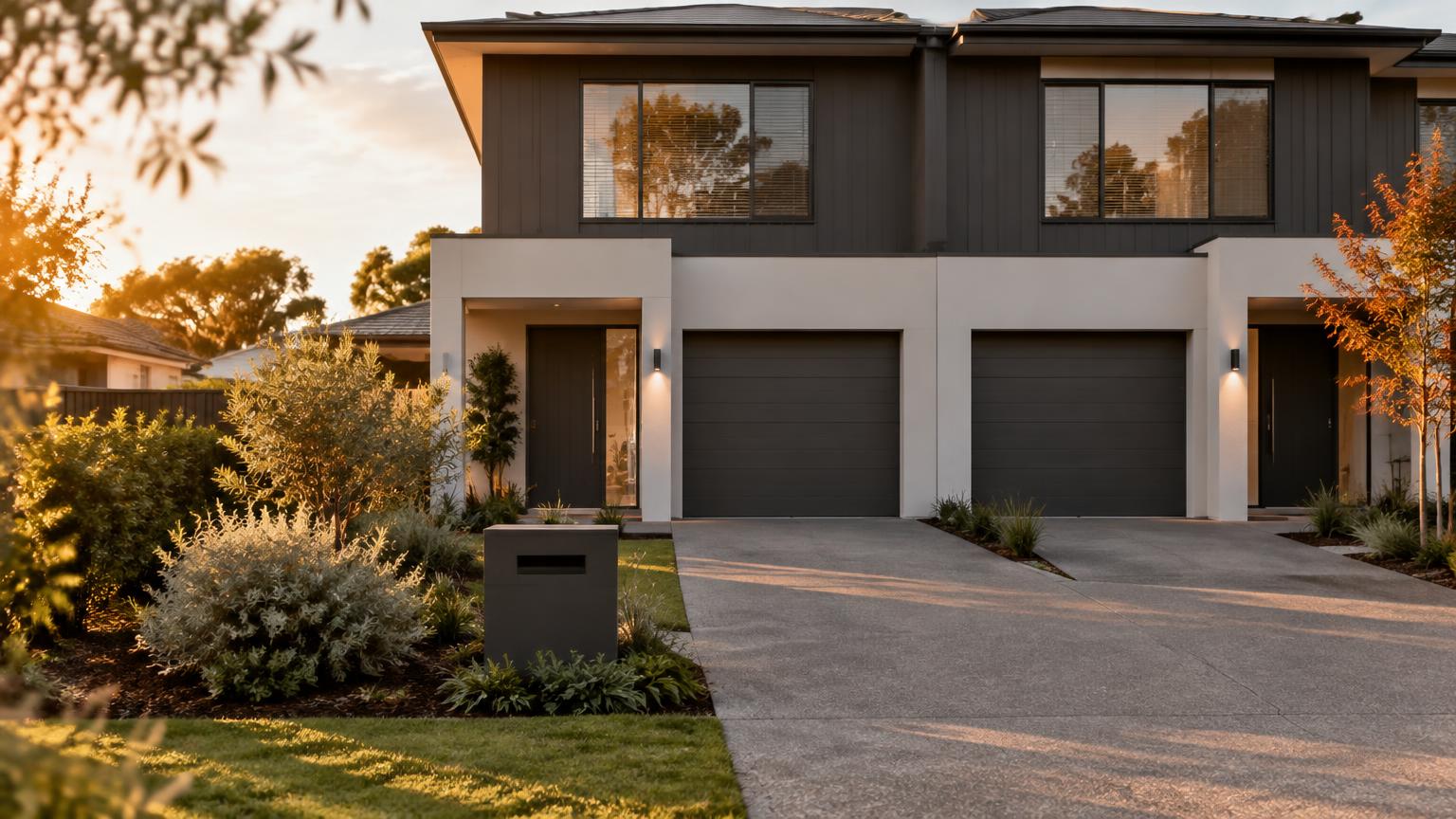 Illustrative photograph of a modern duplex exterior