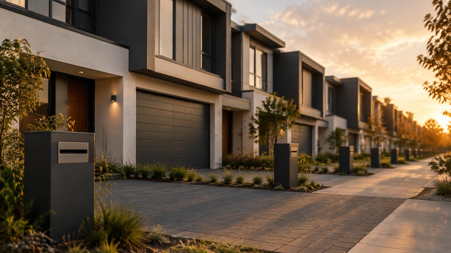 Illustrative photograph of a row of modern rental townhouses